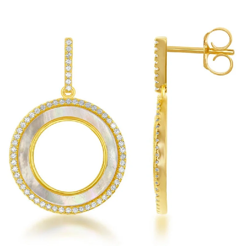 women’s elegant earrings-Sterling Silver Gold Plated MOP CZ Circle Earrings