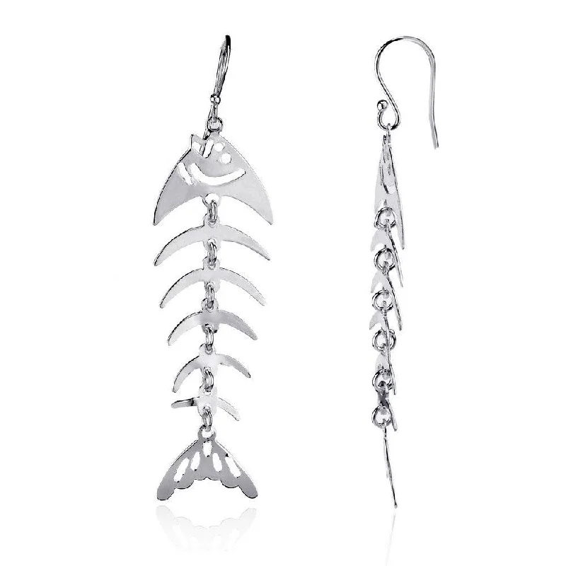 women’s minimalist earrings-Sterling Silver Long Dangling Fish Skeleton Earrings