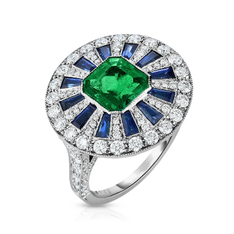 Square Emerald, Baguette Sapphire and Diamond Ring