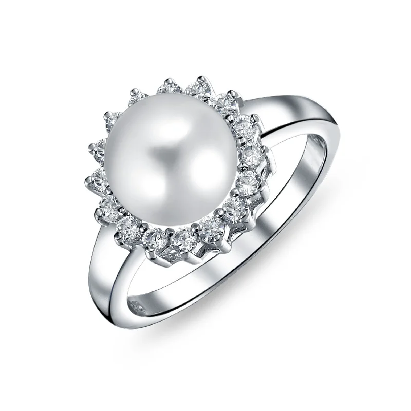 women’s fashion gold ring-Traditional CZ Halo Solitaire Cocktail Statement Ring with Simulated Pearl Sterling Silver