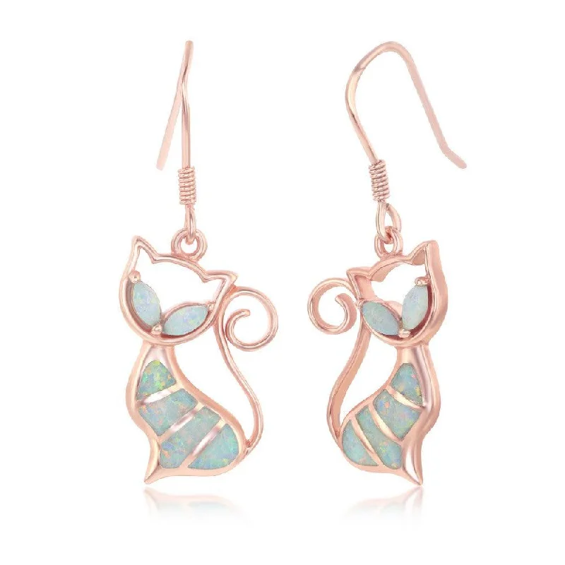 women’s fashion earrings-Sterling Silver Rose Gold Plated White Inlay Opal Cat Earrings