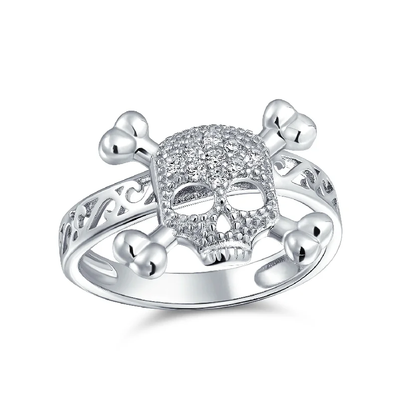 women’s heart-shaped diamond ring-Cocktail Statement Ring: CZ Pirate Skull Crossbones for Punk Goth in Sterling Silver