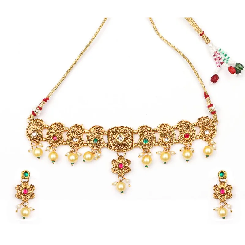 women’s long pendant necklace-Darshana Jewels Gold Plated Pota Stone Choker Necklace Set