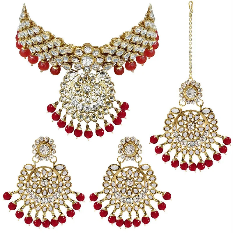 women’s chain link necklace-Etnico Traditional Gold Plated Kundan Pearl Wedding Choker Necklace Set Earrings & Maang Tikka for Women (IJ331R)