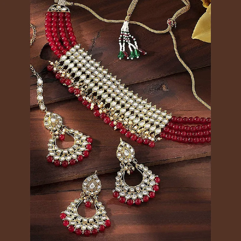 women’s fashion gold pendant necklace-Etnico 18K Gold-Plated Kundan & Pearl Studded Choker Necklace Jewellery Set for Women Kundan & Girls (K7083R)