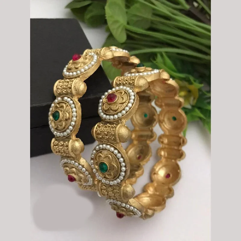 women’s designer diamond engagement rings-women’s handmade bracelet-FS Collections Gold Plated Pota Stone And Pearls Bangles Set