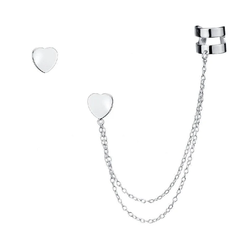 women’s silver drop earrings-Sterling Silver Single Stud with Cuff Heart Earrings