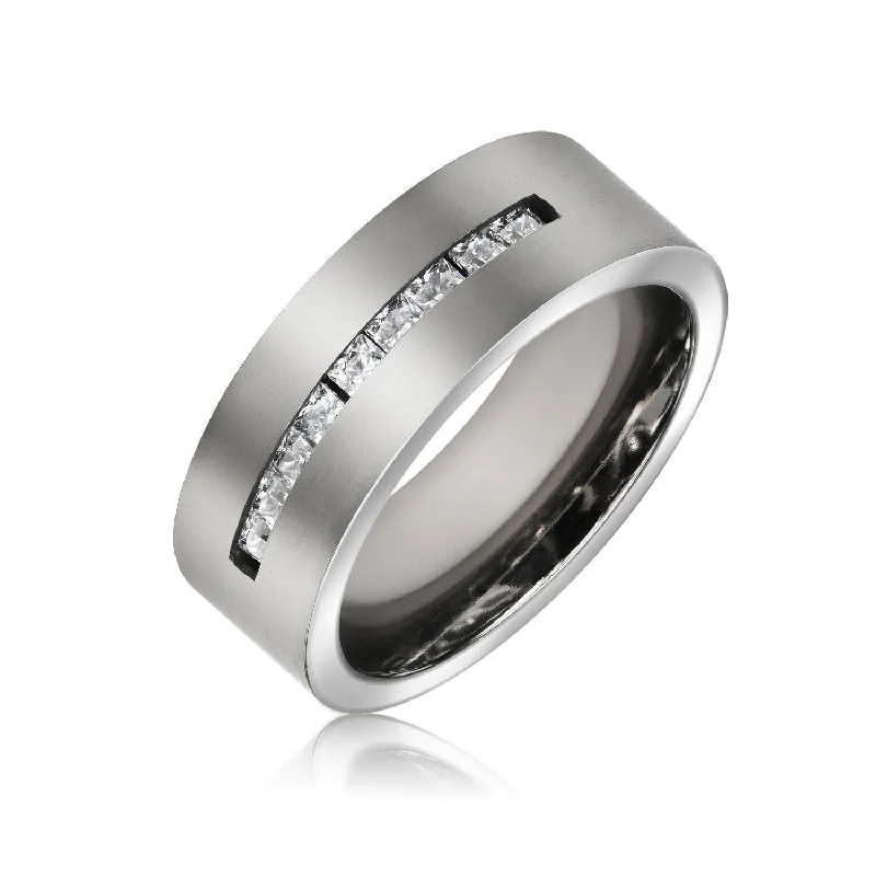 women’s floral ring-Wide CZ Channel Set Tungsten Wedding Band Ring for Men Silver Tone Titanium