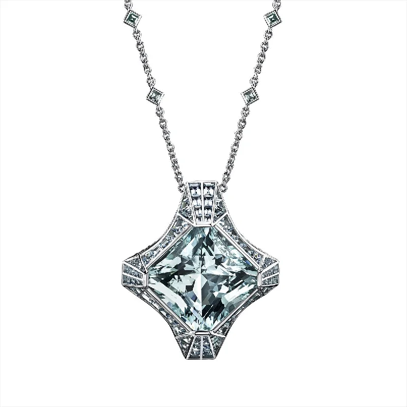 women’s vintage pendant necklace-Platinum Square Aquamarine Pendant Necklace