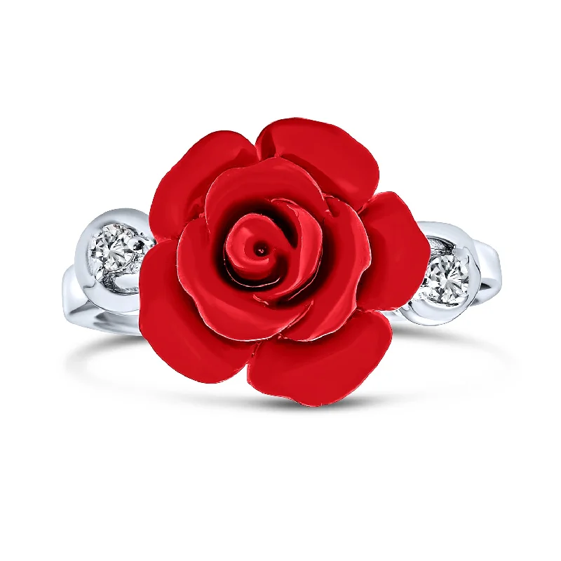 women’s gold plated ring-CZ Accent Flower Fashion Red Rose Cocktail Statement Ring in .925 Sterling Silver