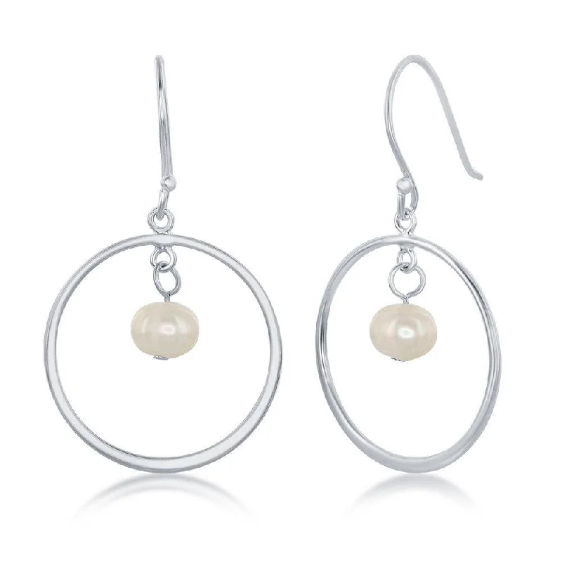 women’s sterling silver hoop earrings-Sterling Silver Open Circle with Pearl Earrings