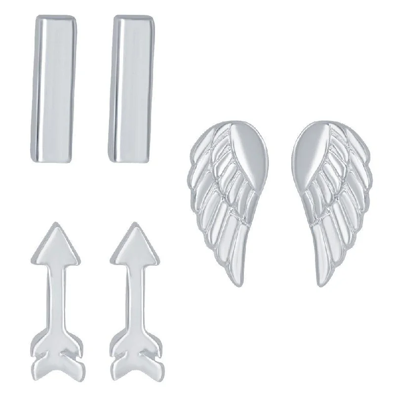 women’s silver earrings-Sterling Silver Bar Arrow and Angel Wings Stud Earrings, Set of 3