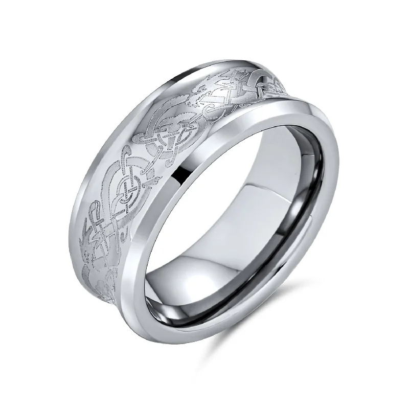 women’s oval ring-Silver Celtic Knot Dragon Inlay Tungsten Wedding Band Ring for Men Comfort Fit