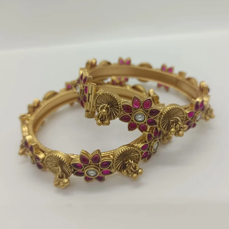 women’s engagement rings with birthstones-women’s boho bracelet-Sai Raj Pink Stone Gold Plated Bangles Set