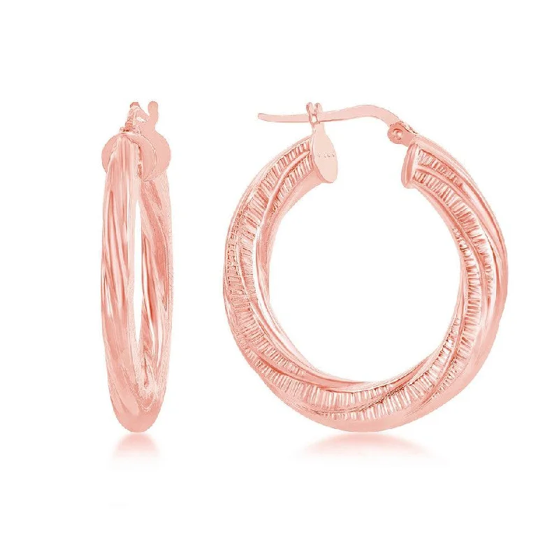 women’s silver dangly earrings-Sterling Silver Rose Gold Plated Twisted Designed Hoop Earrings