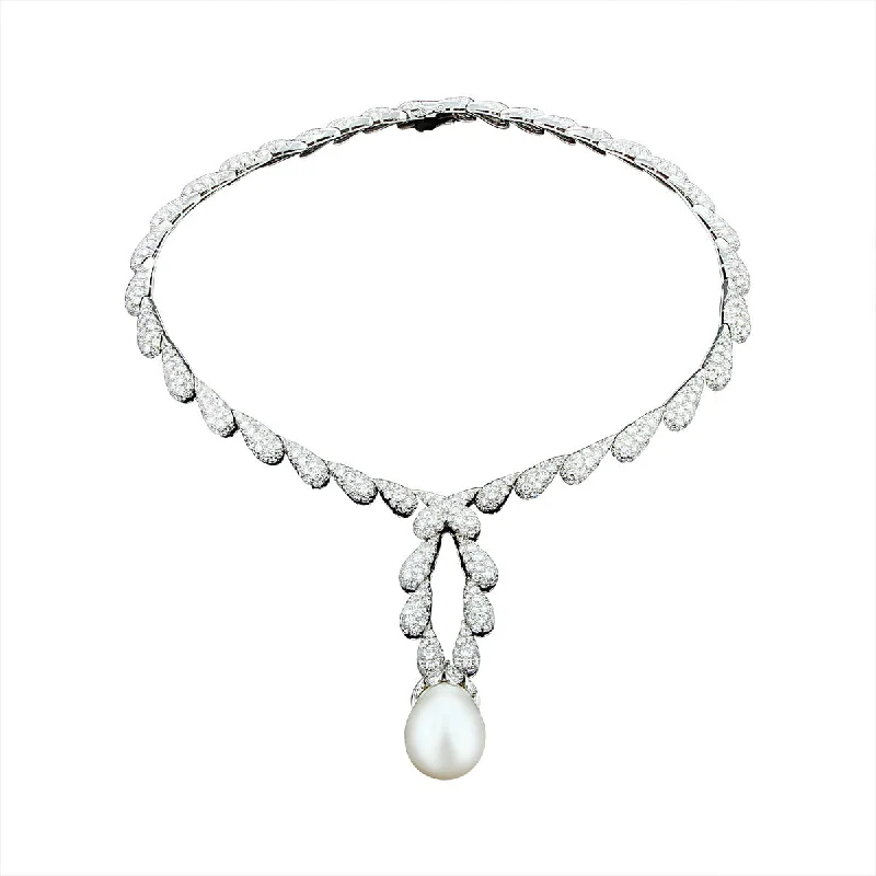 women’s chain necklace-Platinum South Sea Pearl and Pave Drop Choker Necklace