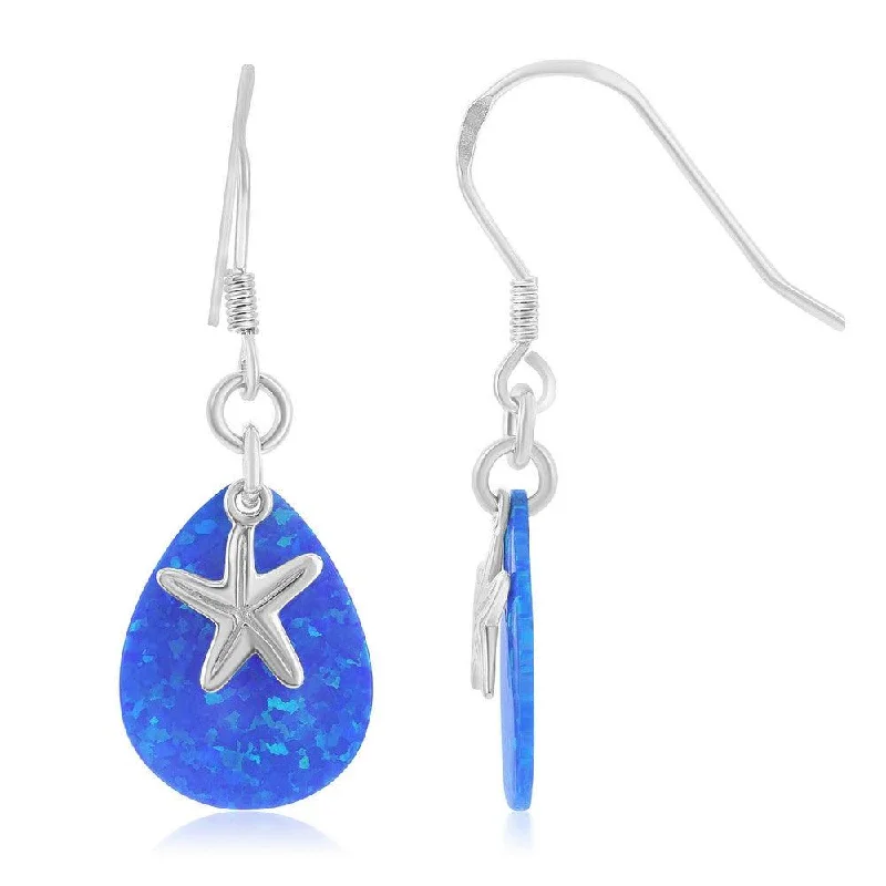 women’s opal earrings-Sterling Silver Blue Starfish Fishhook Earrings