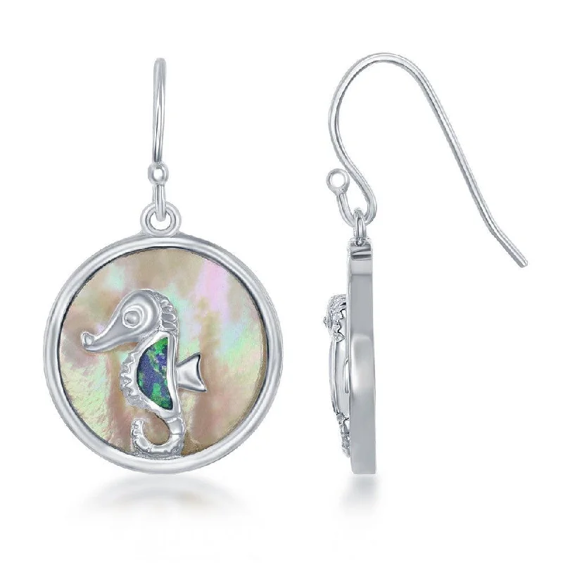 women’s platinum earrings-Sterling Silver Blue Inlay Opal Seahorse Earrings