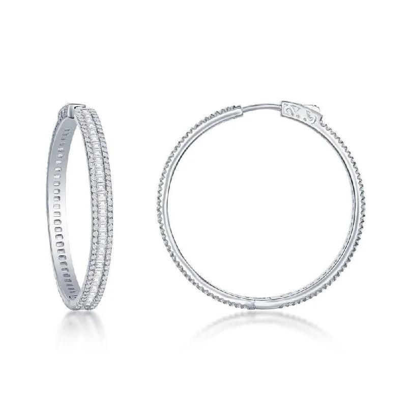 women’s diamond earrings-Sterling Silver Baguette CZ 40mm Hoop Earrings