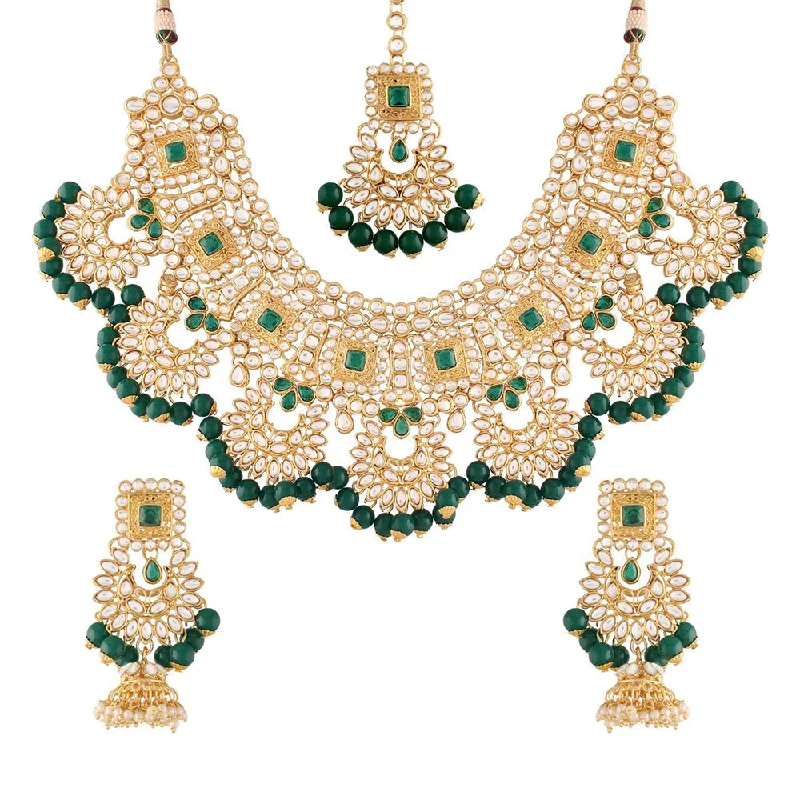 women’s antique necklace-Etnico 18K Gold Plated Traditional Handcrafted Faux Kundan & Stone Studded Bridal Choker Necklace Jewellery Set For Women (IJ026G)