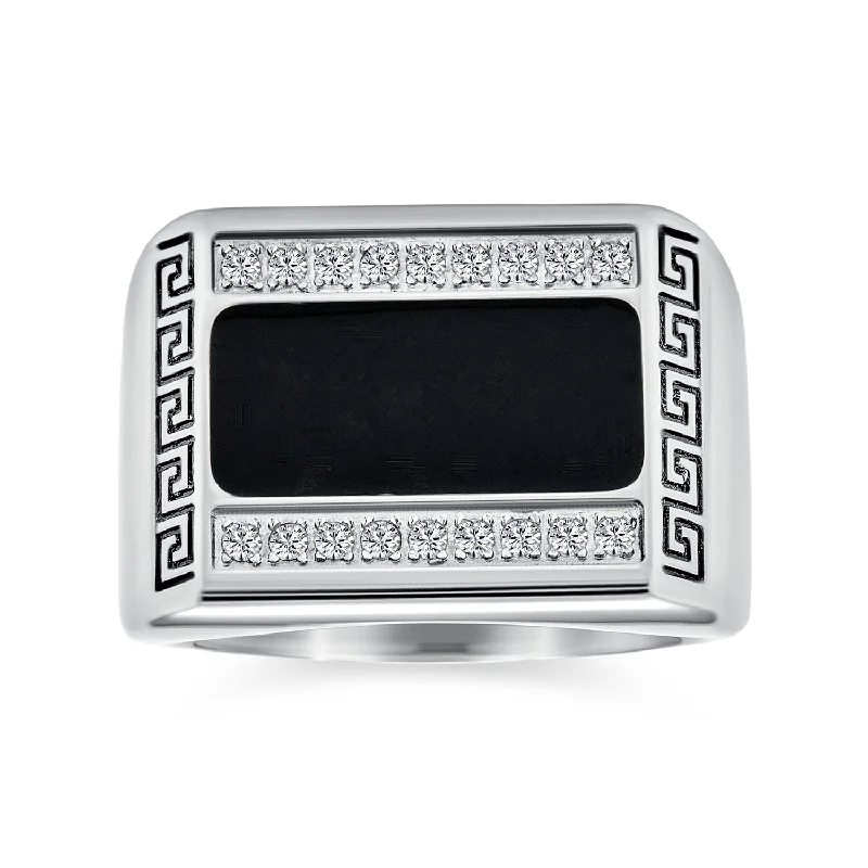 women’s gemstone statement ring-Mens Stainless Steel Geometric Greek CZ Accent Black Rectangle Signet Ring Silver Tone