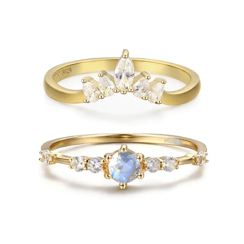 women’s wedding diamond ring-The Center of the Universe Moonstone Ring & Supreme White Topaz Ring Set (Yellow Gold)