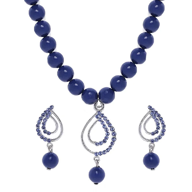 women’s multi-strand necklace-Mahi Valentine Gift Blue Crystals and Artificial Pearls Paisley Necklace Set for Women (NL1103769RBlu)