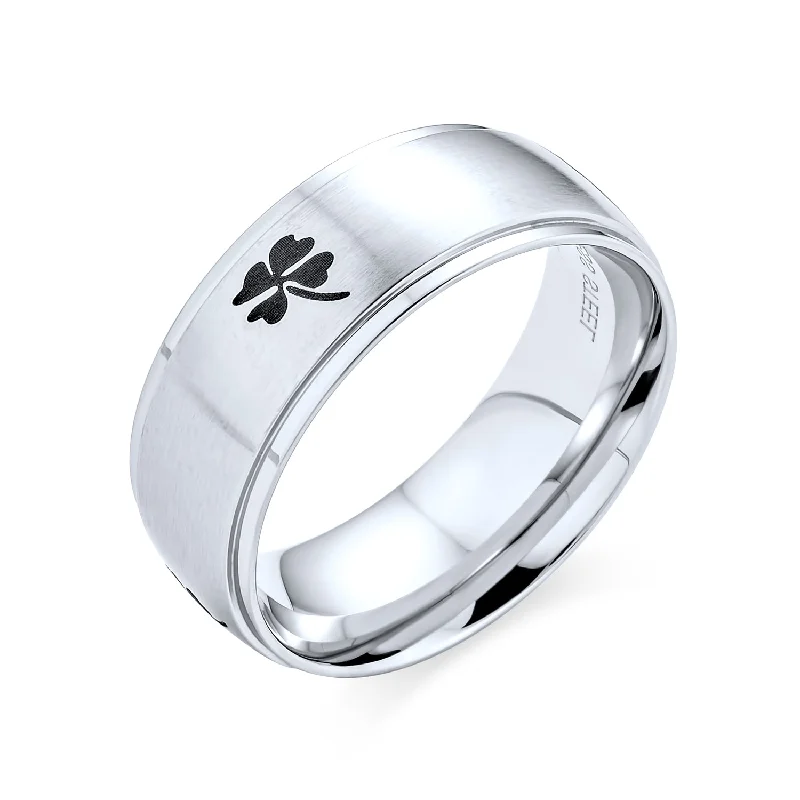 women’s aquamarine ring-Mens Stainless Steel Celtic Irish Shamrock Wedding Band Ring Matte Silver Tone