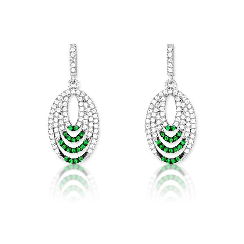 women’s sterling silver teardrop earrings-Sterling Silver Green CZ Micro Pave Oval Earrings