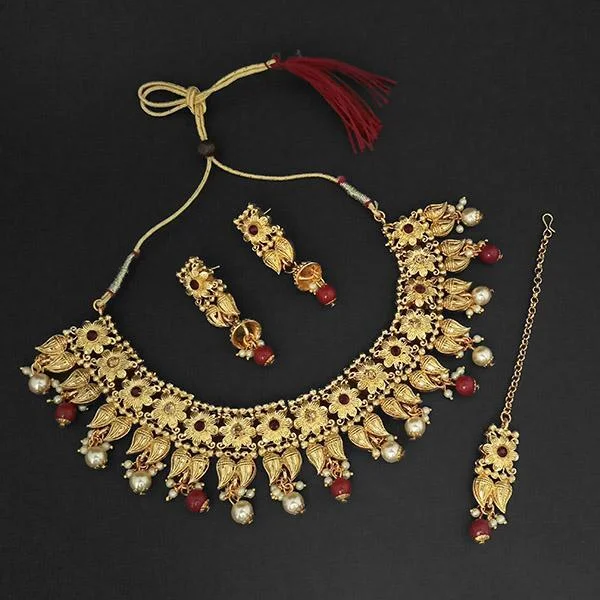 women’s pearl necklace-Amina Creation Gold Plated Maroon Austrian Stone Necklace Set With Maang Tikka -1107992B