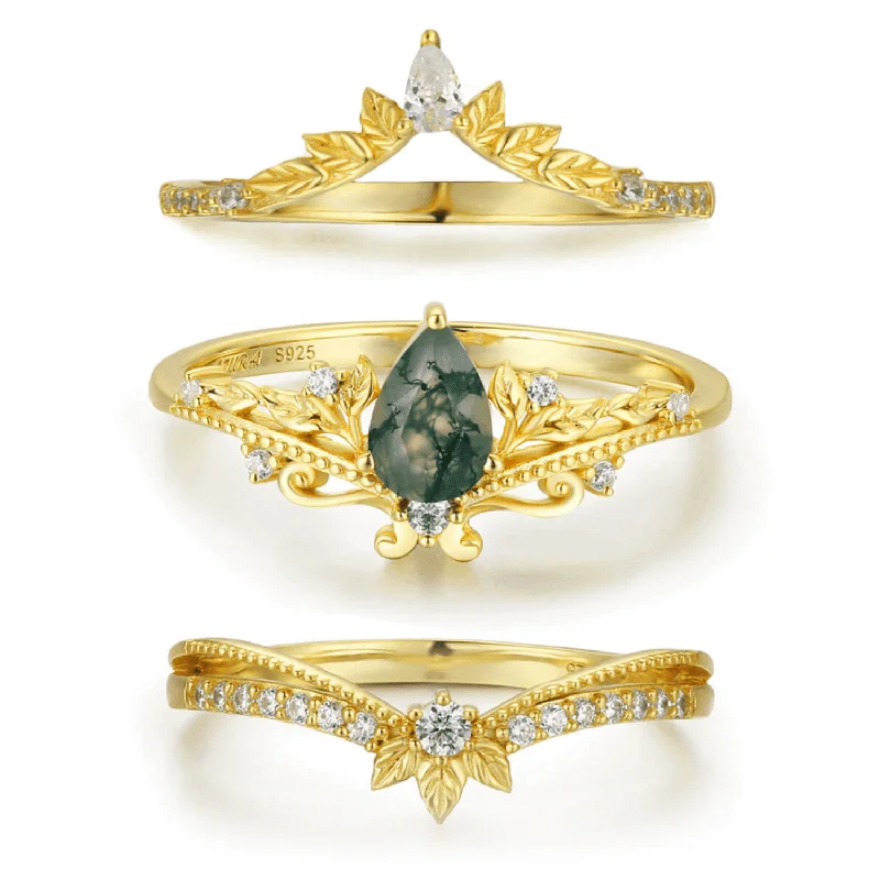 women’s round ring-Lotus Moss Agate©, Abloom, and Woodland Ring Set (Yellow Gold)