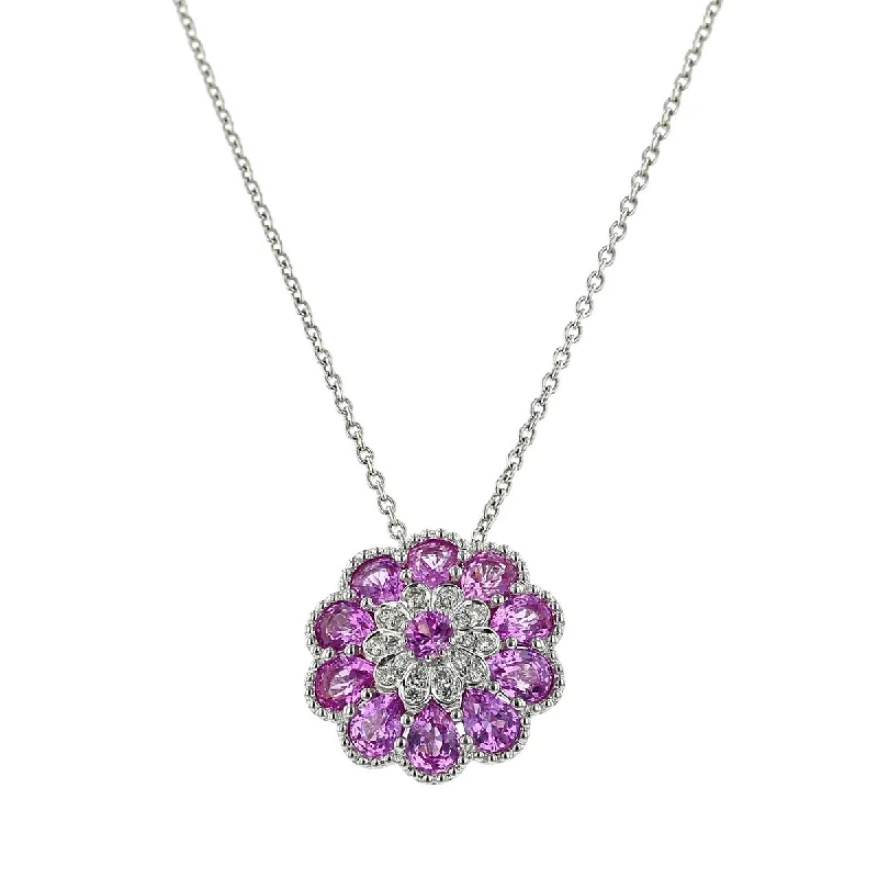 women’s engraved necklace-Salavetti Pink Sapphire and Diamond Flower Pendant Necklace