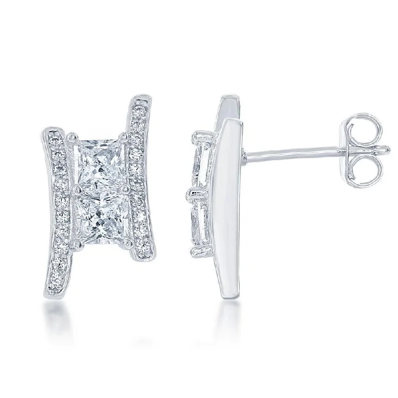 women’s luxury statement earrings-Sterling Silver Square Two Stone CZ Earrings