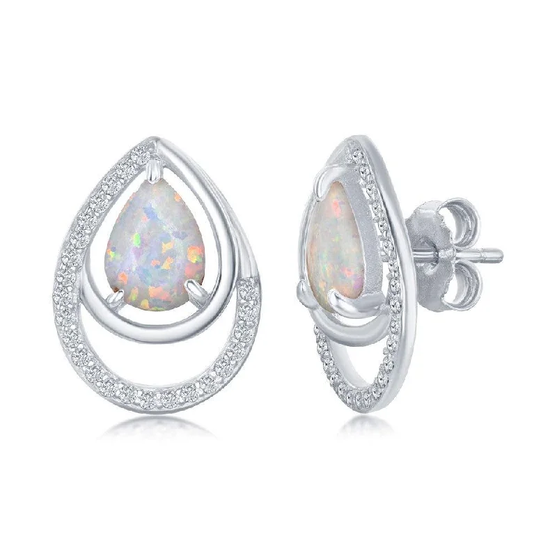 women’s clip-on earrings-Sterling Silver Pear Shaped White Opal CZ Earrings