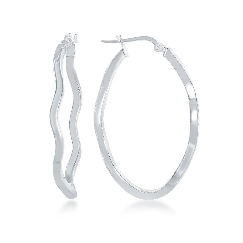 women’s nature-inspired earrings-Sterling Silver Rhodium Plated Wavy Designed Oval Hoop Earrings