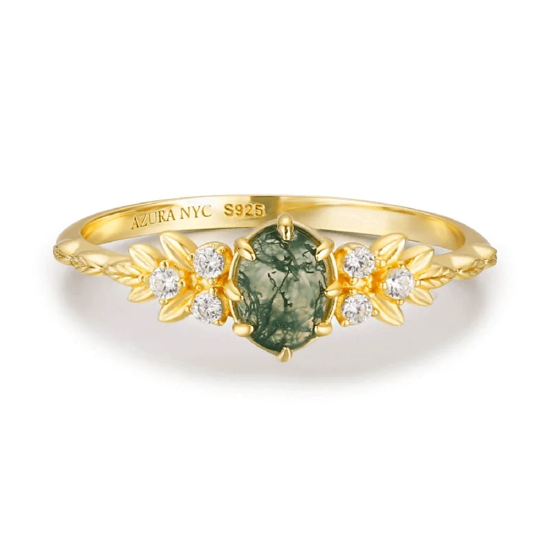 women’s bridal engagement ring set-Wildflower Moss Agate Ring (Yellow Gold)©