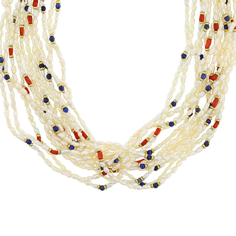 women’s cross pendant necklace-Seed Pearl, Lapis and Coral Twist Strand Necklace