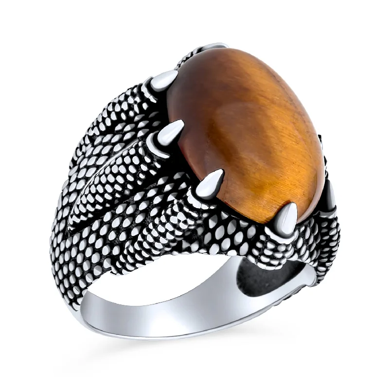 women’s personalized ring-Mens Silver Ring Claw Design with Tiger Eye Gemstone Oxidized Sterling Silver