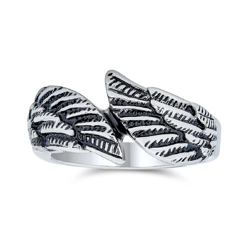 women’s trendy ring-Mens Stainless Steel Angel Wing Band Ring Unisex Biker Jewelry Oxidized Silver Tone