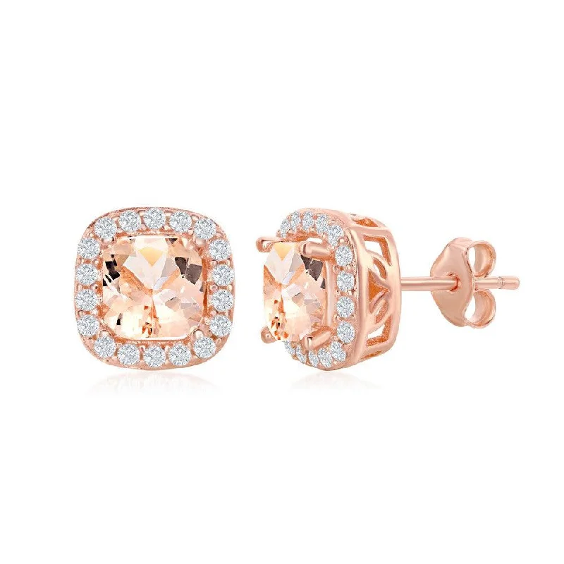 women’s elegant earrings-Sterling Silver Rose Gold Plated Square Morganite CZ Earrings