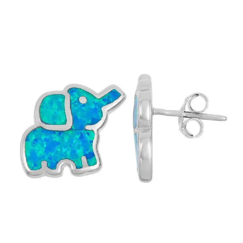 women’s emerald earrings-Sterling Silver Blue Inlay Elephant Stud Earrings