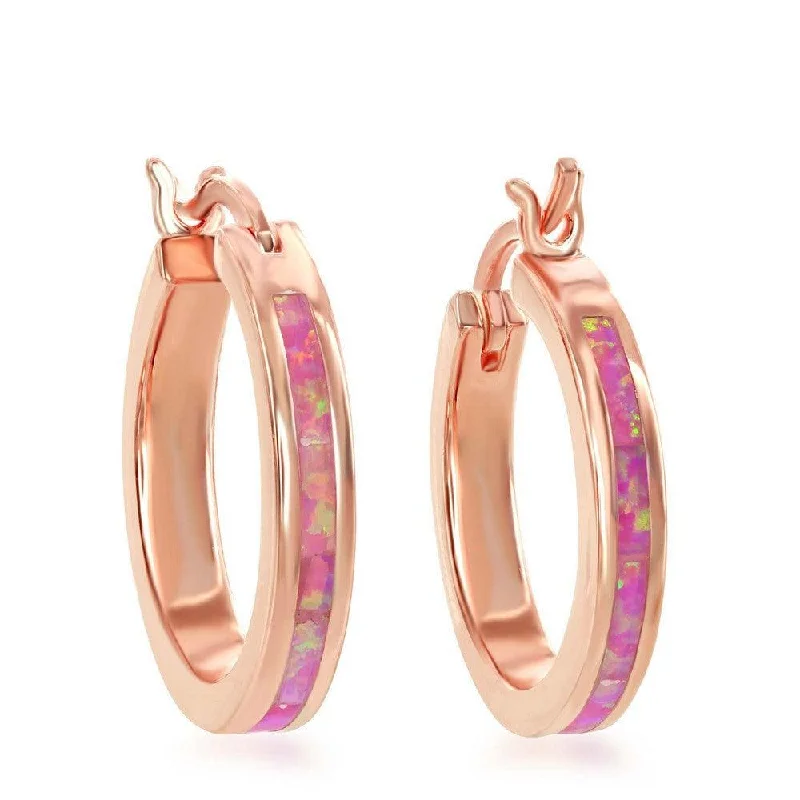 women’s sterling silver earrings-Sterling Silver Pink Inlay Opal Hoop Earrings