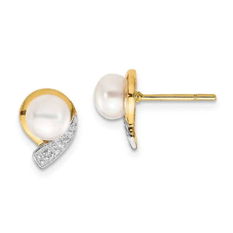 women’s opal earrings-14K 5-6mm White Button FW Cultured Pearl .01ct Diamond Post Earrings