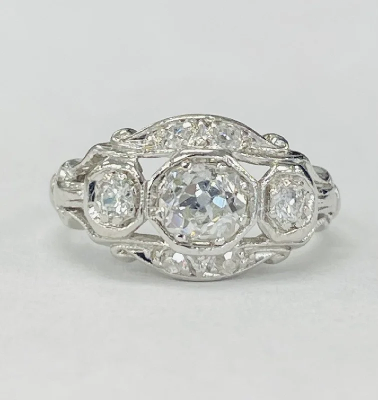 Vintage Platinum Three Stone European Diamond Ring