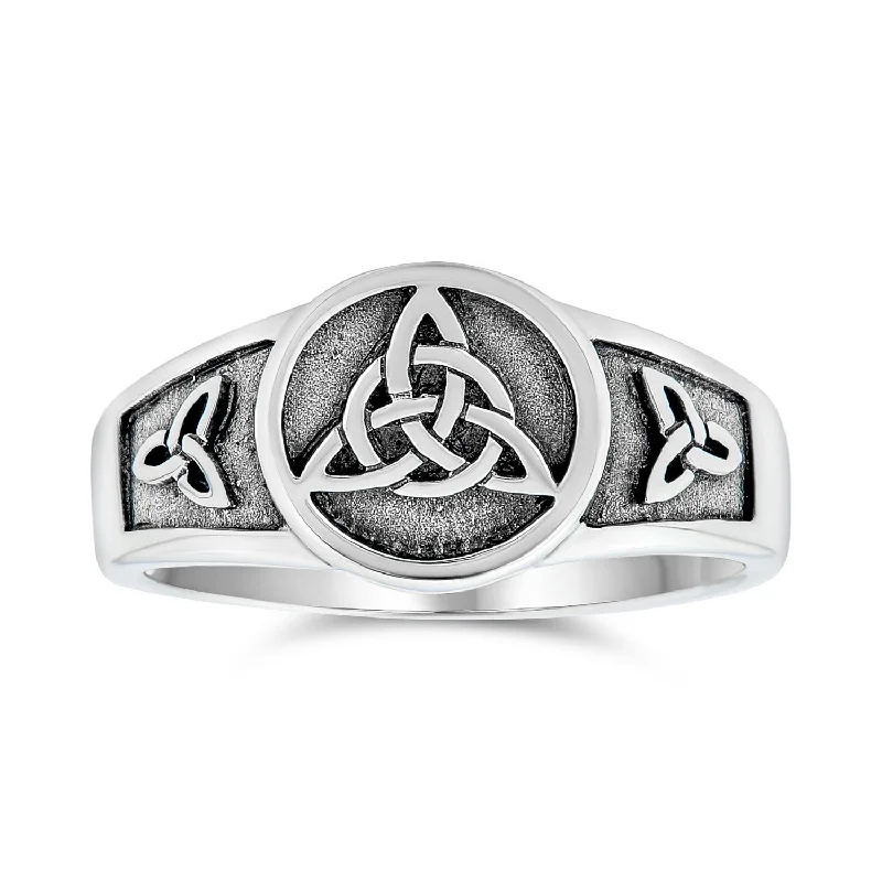 women’s luxury engagement ring-Unisex Silver Ring with Viking Celtic Infinity Knot Triquetra Signet Design