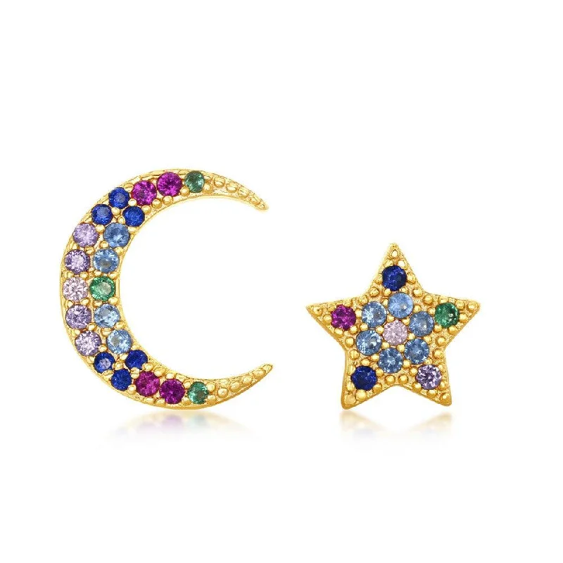 women’s cubic zirconia earrings-Sterling Silver GP Crescent Moon and Star Stud Earrings