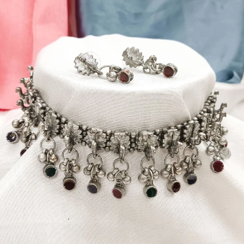 women’s double-layered necklace-Darshana Jewels Oxidised Peacock Design Choker Necklace Set