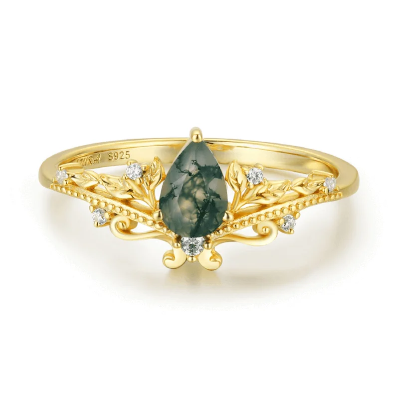 women’s fashion gold ring-Lotus Moss Agate Ring (Yellow Gold)©