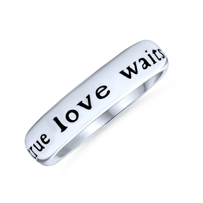 women’s heart-shaped diamond ring-Mantra True Love Waits Purity Promise Silver Ring Band Sterling