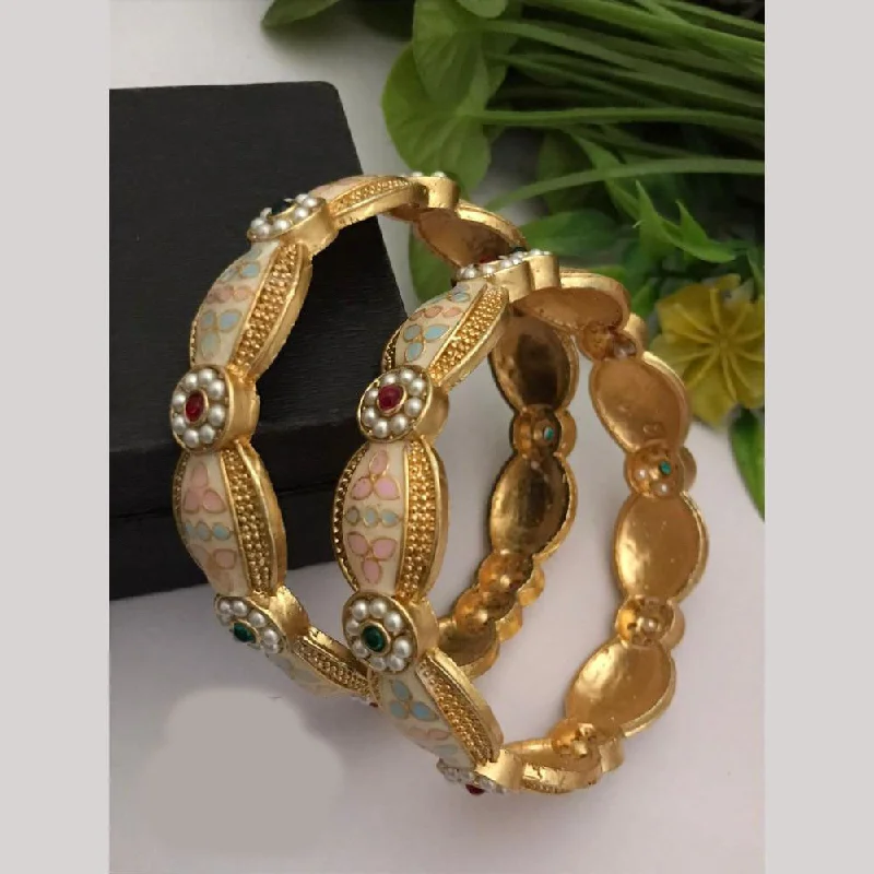 women’s unique diamond engagement rings-women’s thick bracelet-FS Collections Gold Plated Pota Stone And Pearls Meenakari Bangles Set